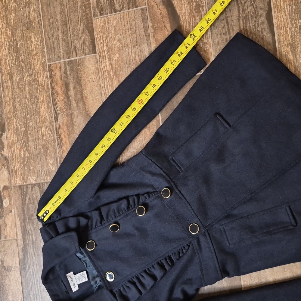 Say What? Navy Blue Ruffle Detail Puff Sleeve Wool Blend Lined Midi Coat, XS - Picture 3 of 11